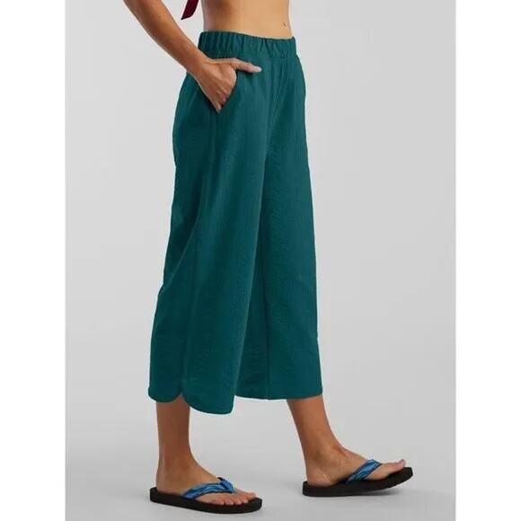 Title Nine Slaycation Wide Leg Cropped Pants Size XL NEW Deep Lagoon Textured - Picture 1 of 16